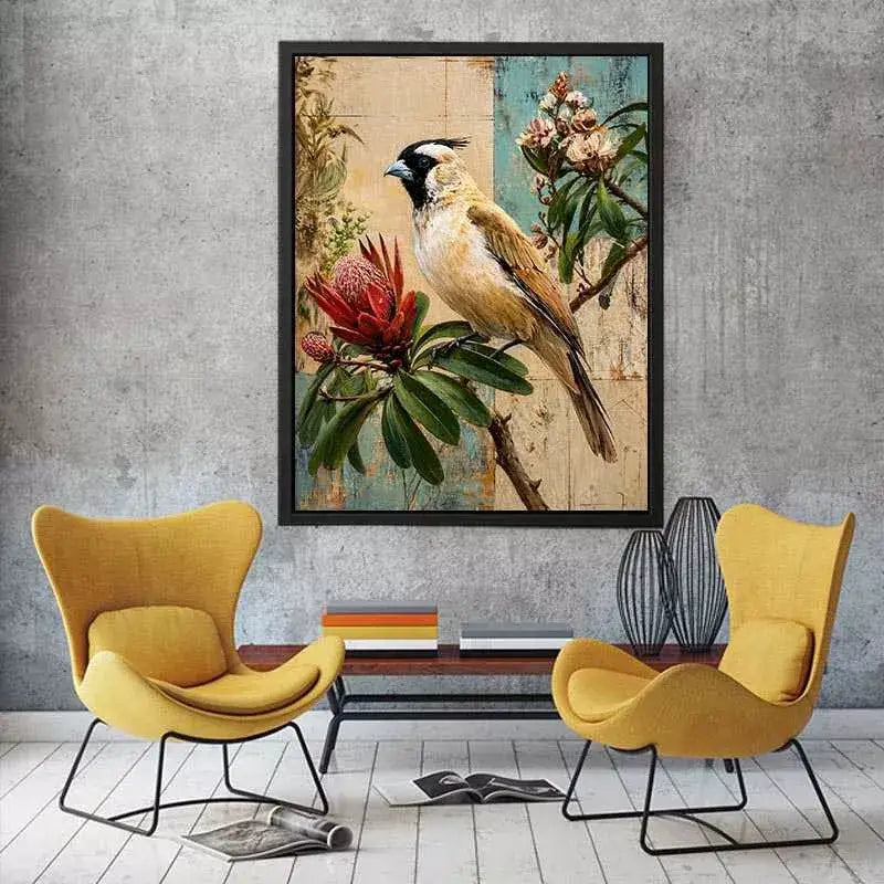 Botanical Magpie Bird Wall Art | Vintage Floral Nature Canvas