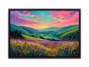 colorful landscape meadow wall art canvas with rolling hills pink sky valley nature painting for living room decor