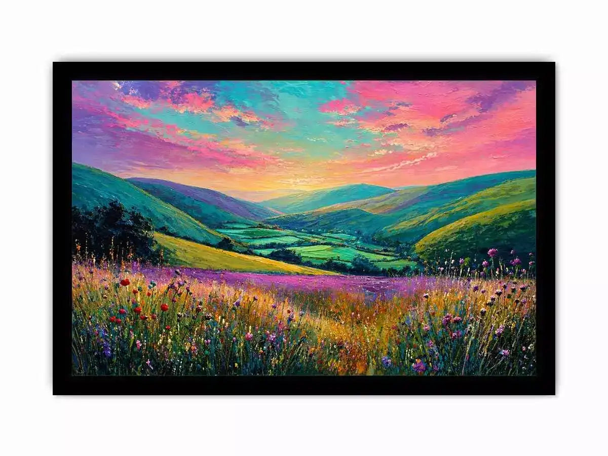 colorful landscape meadow wall art canvas with rolling hills pink sky valley nature painting for living room decor