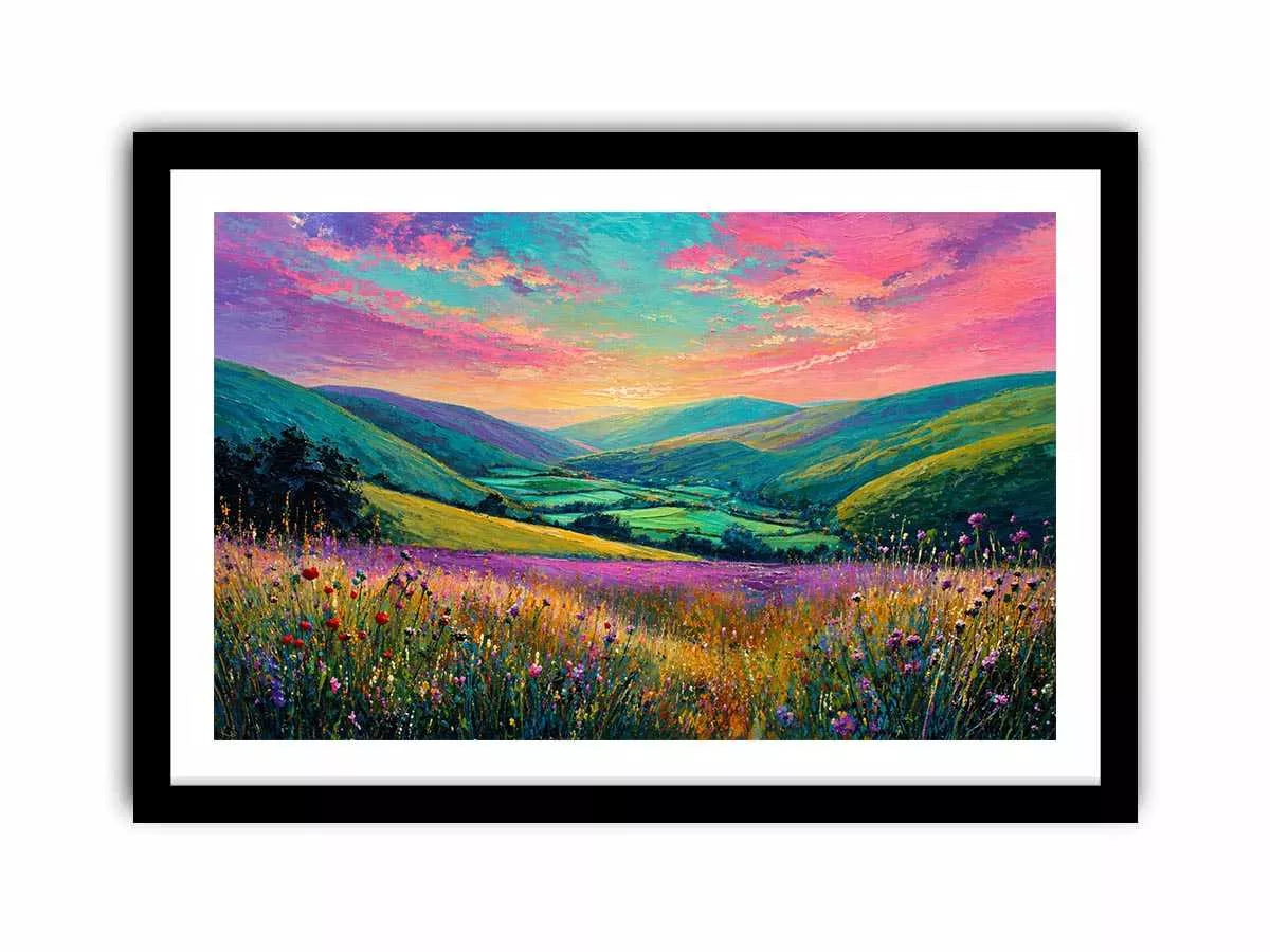 colorful landscape meadow wall art canvas with rolling hills pink sky valley nature painting for living room decor