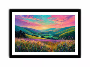colorful landscape meadow wall art canvas with rolling hills pink sky valley nature painting for living room decor