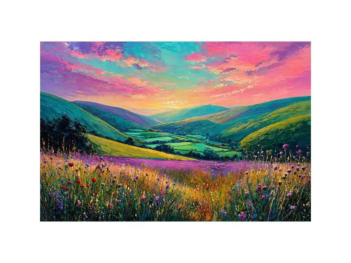 colorful landscape meadow wall art canvas with rolling hills pink sky valley nature painting for living room decor