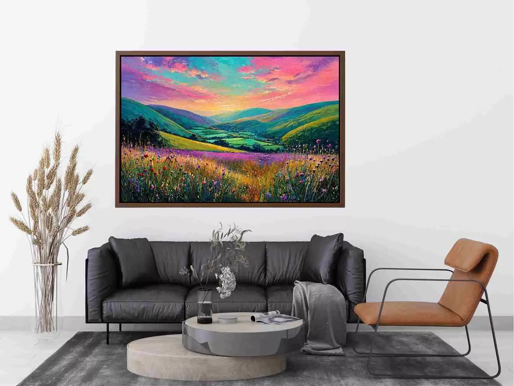 colorful landscape meadow wall art canvas with rolling hills pink sky valley nature painting for living room decor