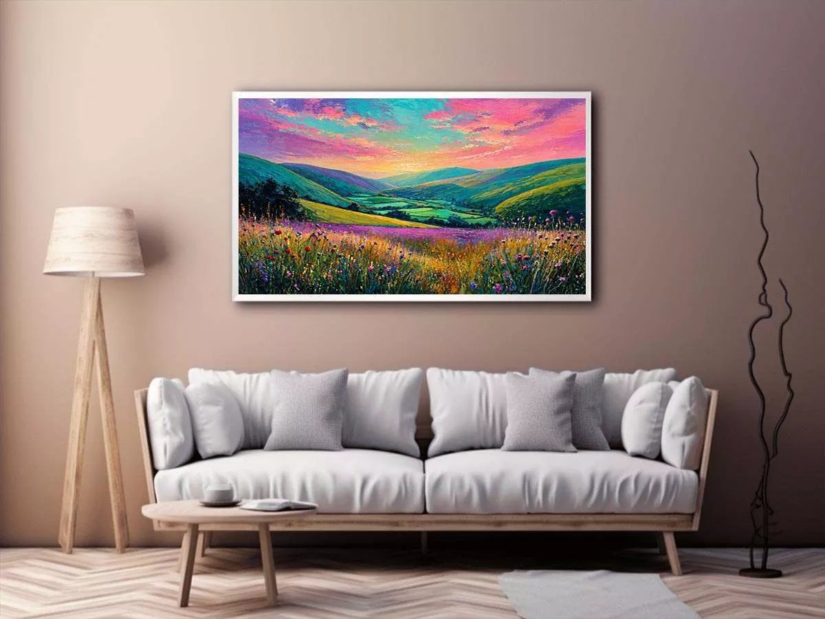colorful landscape meadow wall art canvas with rolling hills pink sky valley nature painting for living room decor