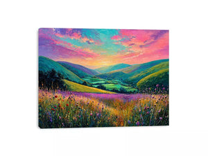 colorful landscape meadow wall art canvas with rolling hills pink sky valley nature painting for living room decor