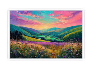 colorful landscape meadow wall art canvas with rolling hills pink sky valley nature painting for living room decor