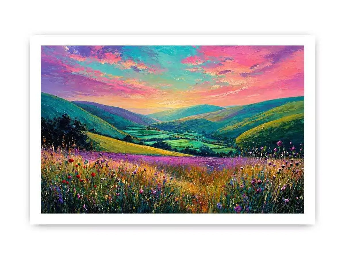 colorful landscape meadow wall art canvas with rolling hills pink sky valley nature painting for living room decor