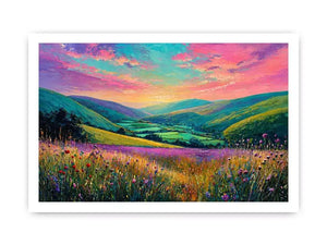 colorful landscape meadow wall art canvas with rolling hills pink sky valley nature painting for living room decor