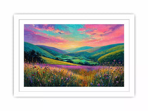 colorful landscape meadow wall art canvas with rolling hills pink sky valley nature painting for living room decor