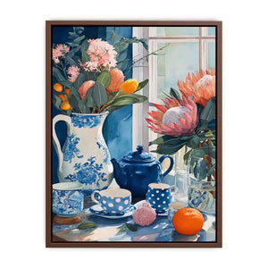 floral still life wall art canvas with blue porcelain teapot protea flowers and window light kitchen decor