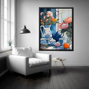 floral still life wall art canvas with blue porcelain teapot protea flowers and window light kitchen decor