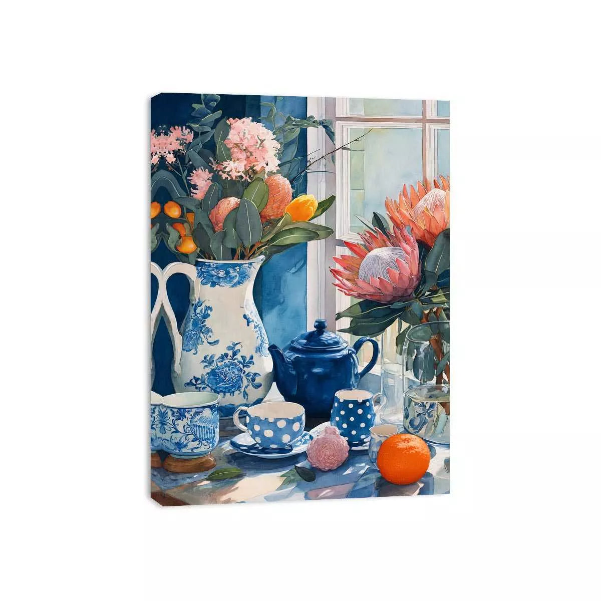 floral still life wall art canvas with blue porcelain teapot protea flowers and window light kitchen decor