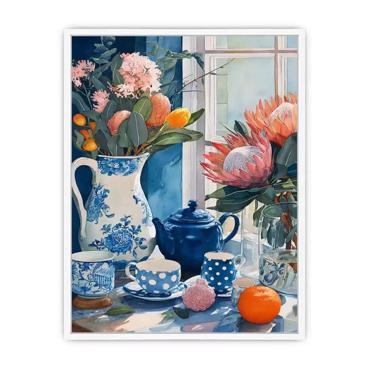 floral still life wall art canvas with blue porcelain teapot protea flowers and window light kitchen decor