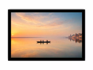 minimalist river boat wall art canvas with sunrise reflection calm water landscape for living room decor