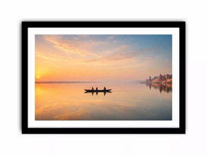 minimalist river boat wall art canvas with sunrise reflection calm water landscape for living room decor