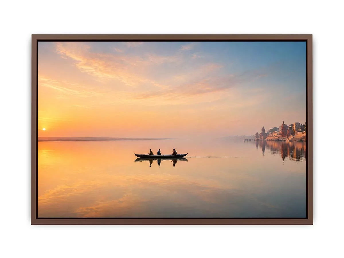 minimalist river boat wall art canvas with sunrise reflection calm water landscape for living room decor