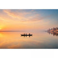 minimalist river boat wall art canvas with sunrise reflection calm water landscape for living room decor