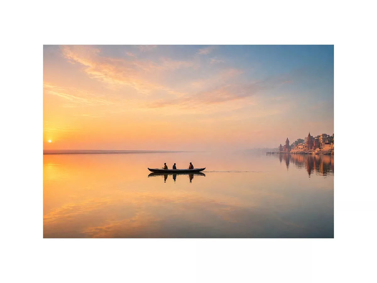 minimalist river boat wall art canvas with sunrise reflection calm water landscape for living room decor