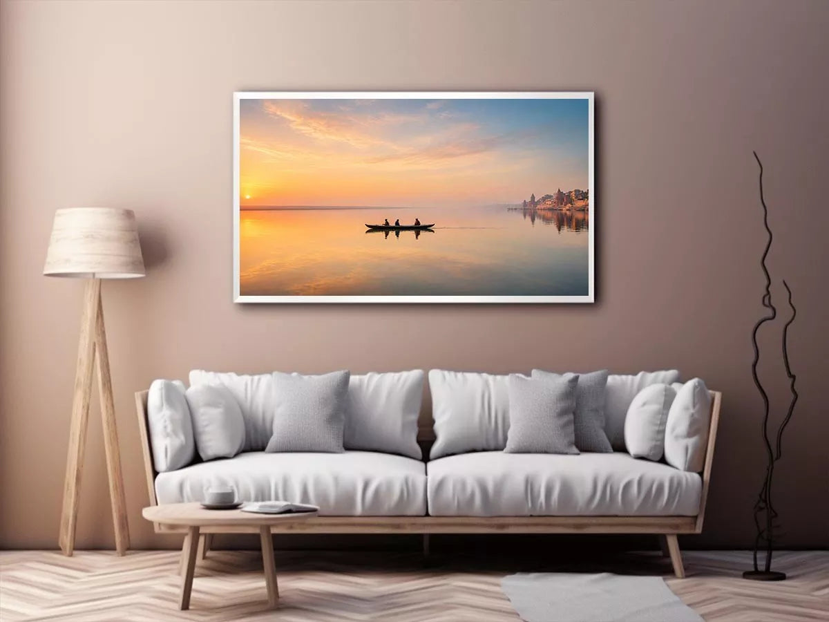 minimalist river boat wall art canvas with sunrise reflection calm water landscape for living room decor
