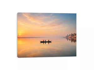 minimalist river boat wall art canvas with sunrise reflection calm water landscape for living room decor