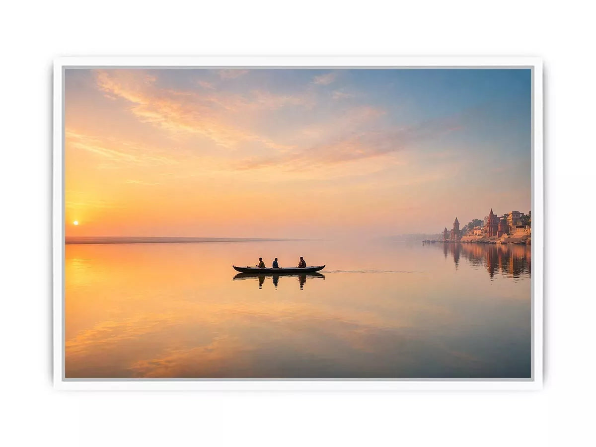 minimalist river boat wall art canvas with sunrise reflection calm water landscape for living room decor