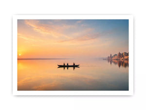 minimalist river boat wall art canvas with sunrise reflection calm water landscape for living room decor