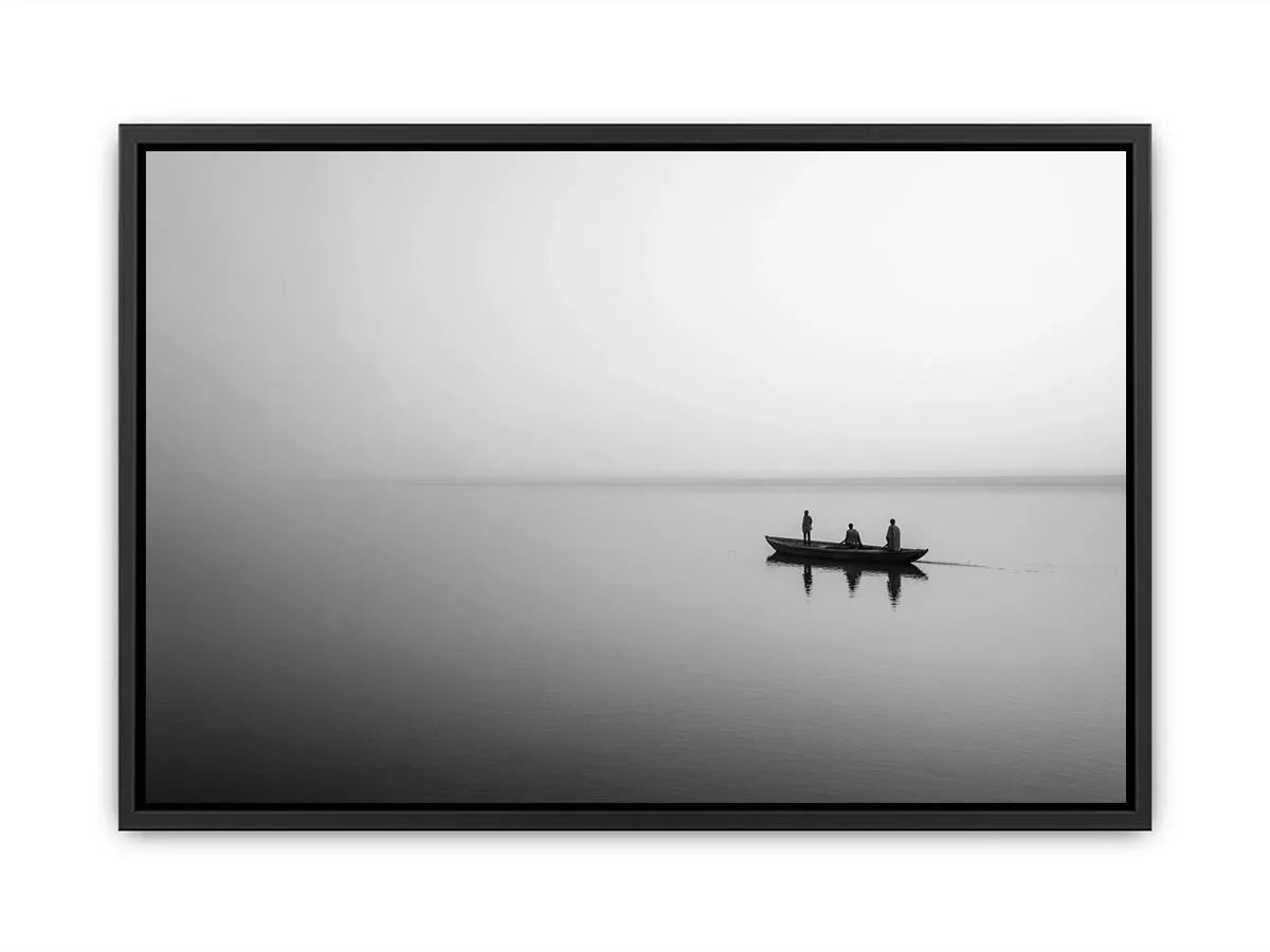 black and white minimalist river boat wall art canvas  photogrpahy  calm water landscape for living room decor