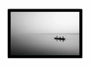 black and white minimalist river boat wall art canvas  photogrpahy  calm water landscape for living room decor