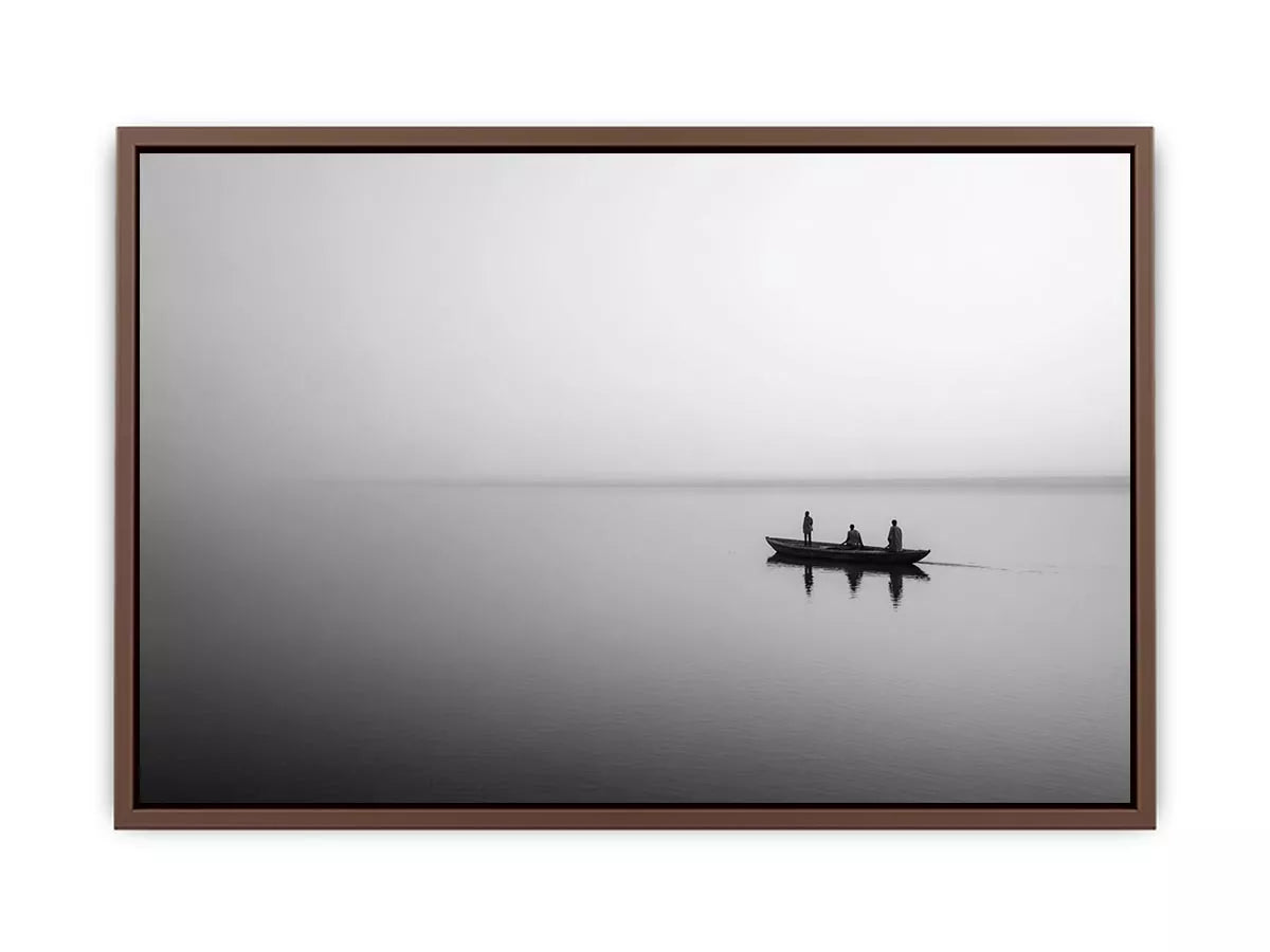 black and white minimalist river boat wall art canvas  photogrpahy  calm water landscape for living room decor