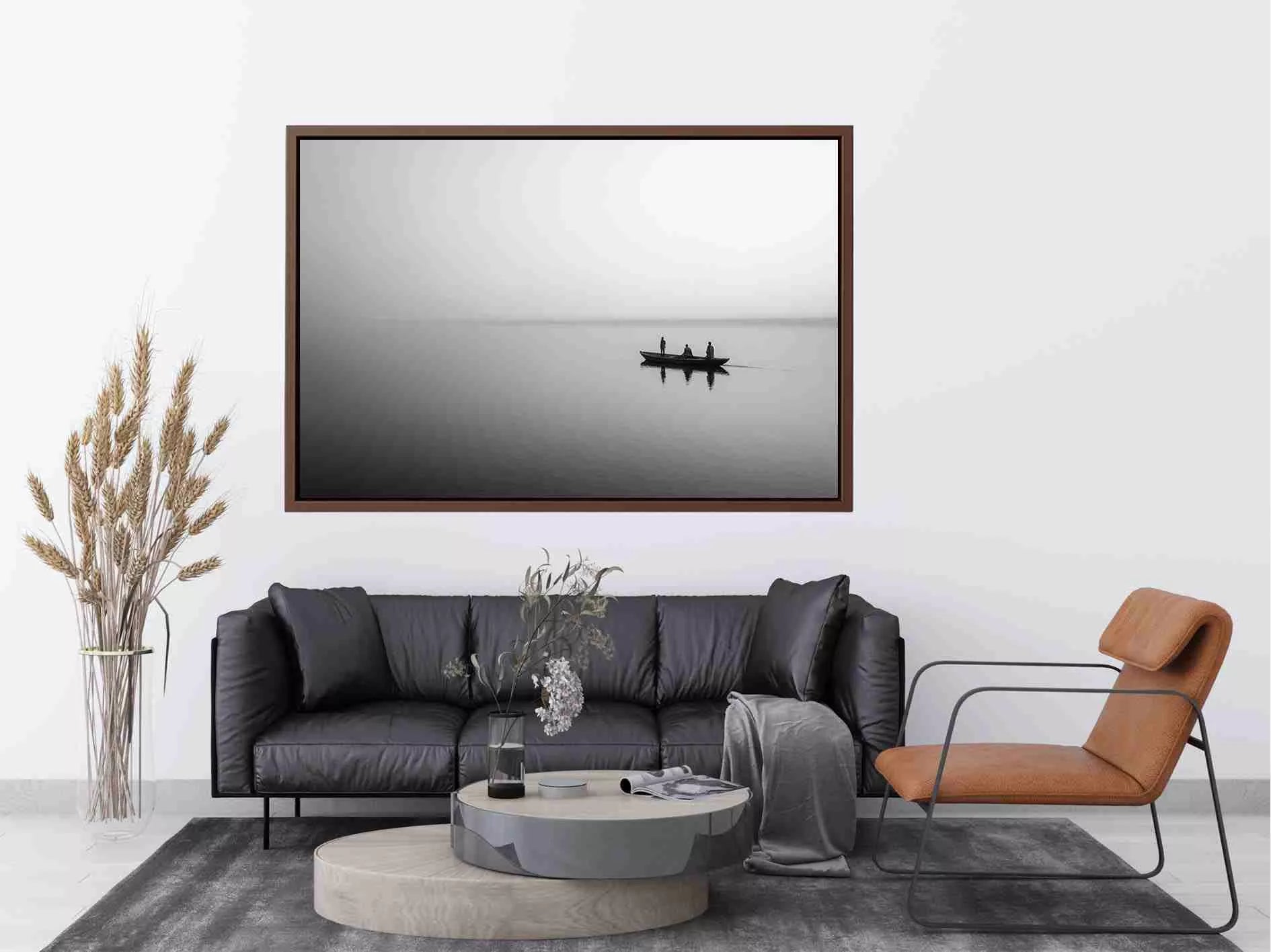 black and white minimalist river boat wall art canvas  photogrpahy  calm water landscape for living room decor