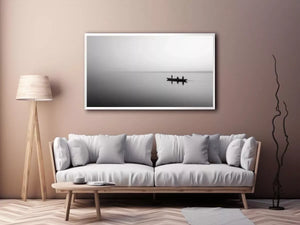 black and white minimalist river boat wall art canvas  photogrpahy  calm water landscape for living room decor