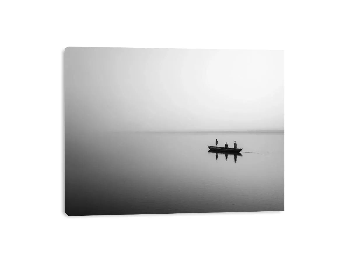black and white minimalist river boat wall art canvas  photogrpahy  calm water landscape for living room decor