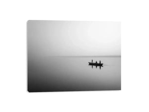 black and white minimalist river boat wall art canvas  photogrpahy  calm water landscape for living room decor