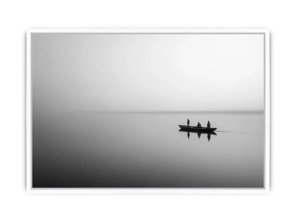 black and white minimalist river boat wall art canvas  photogrpahy  calm water landscape for living room decor