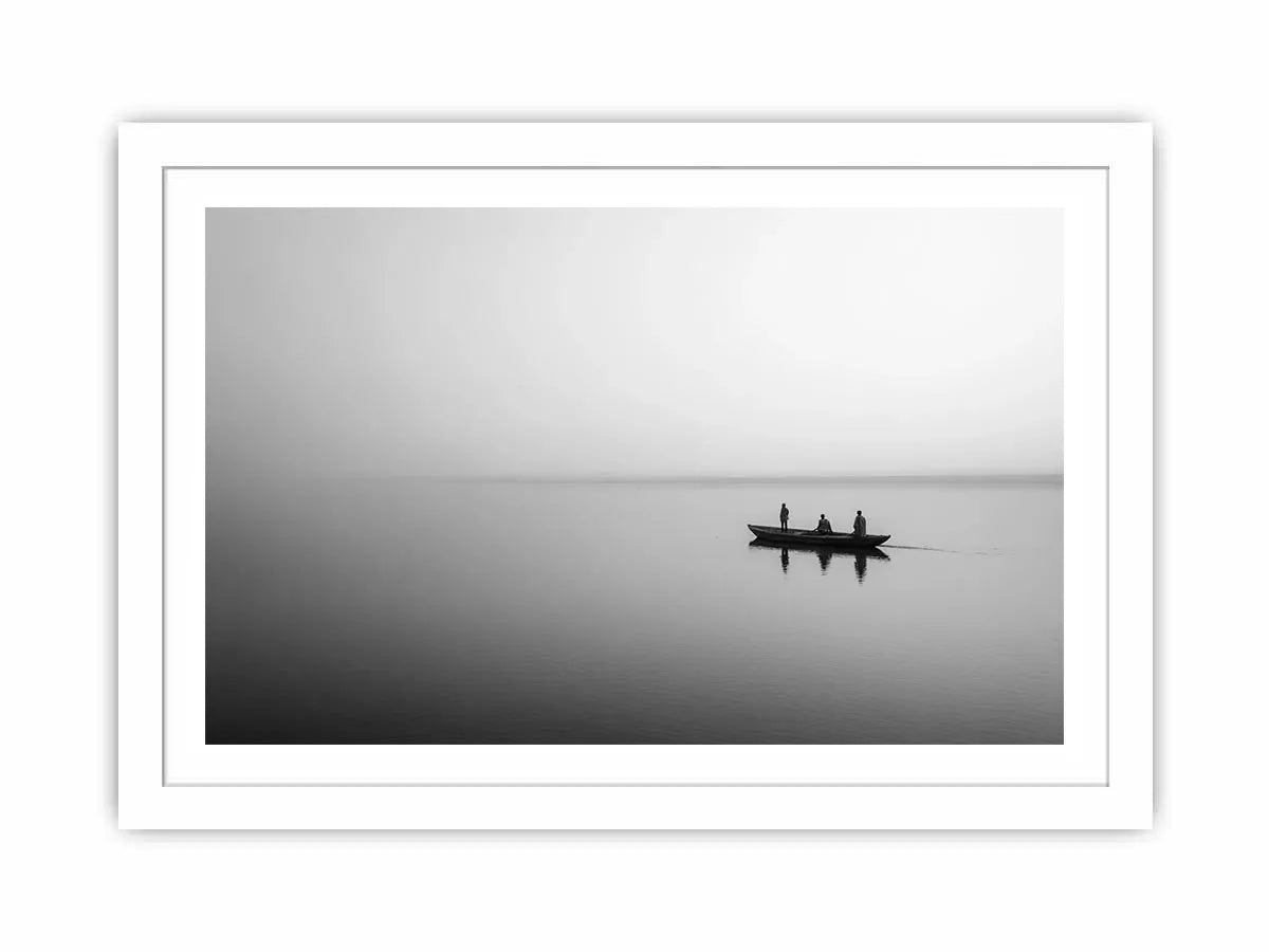 black and white minimalist river boat wall art canvas  photogrpahy  calm water landscape for living room decor