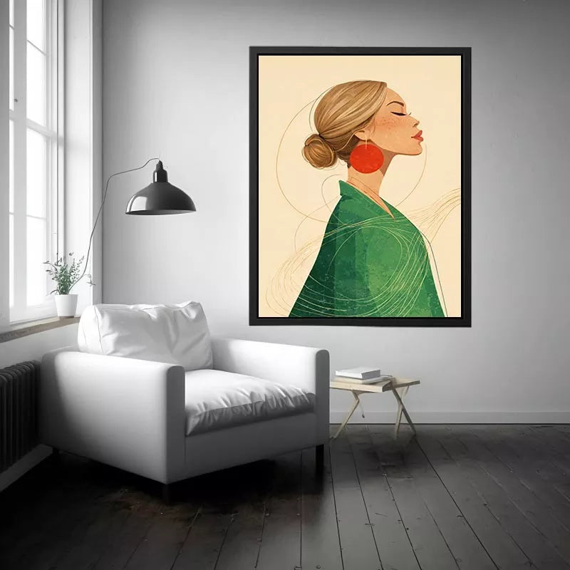 Minimalist woman portrait with red earring modern canvas wall art