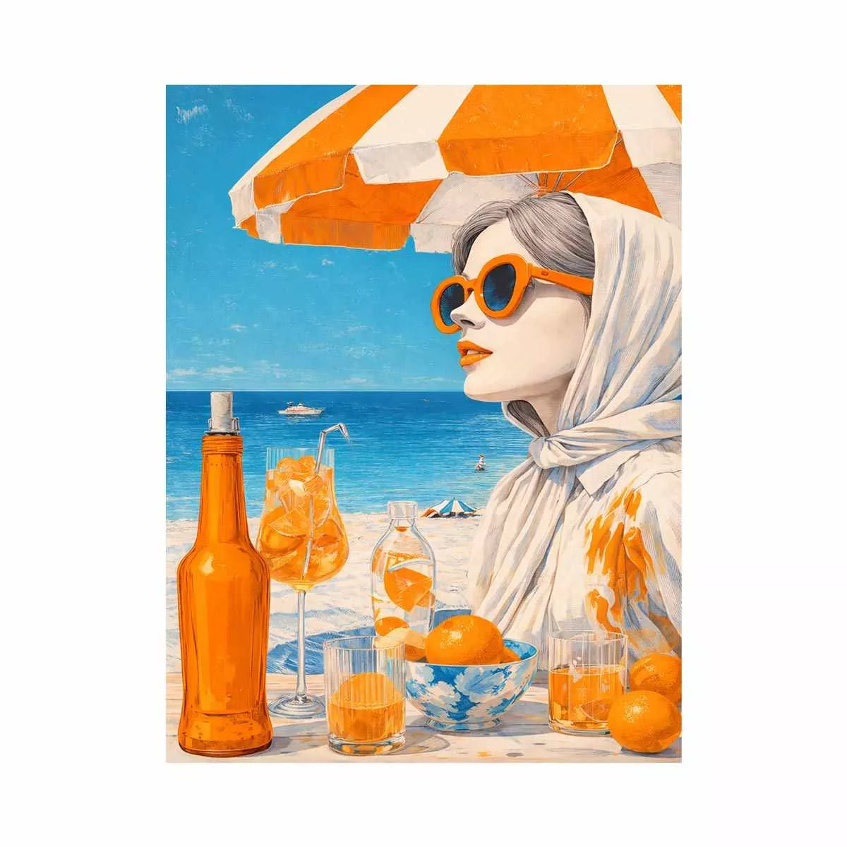 Coastal woman with orange sunglasses beach canvas wall art