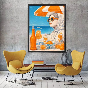 Coastal woman with orange sunglasses beach canvas wall art