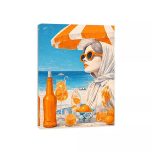 Coastal woman with orange sunglasses beach canvas wall art