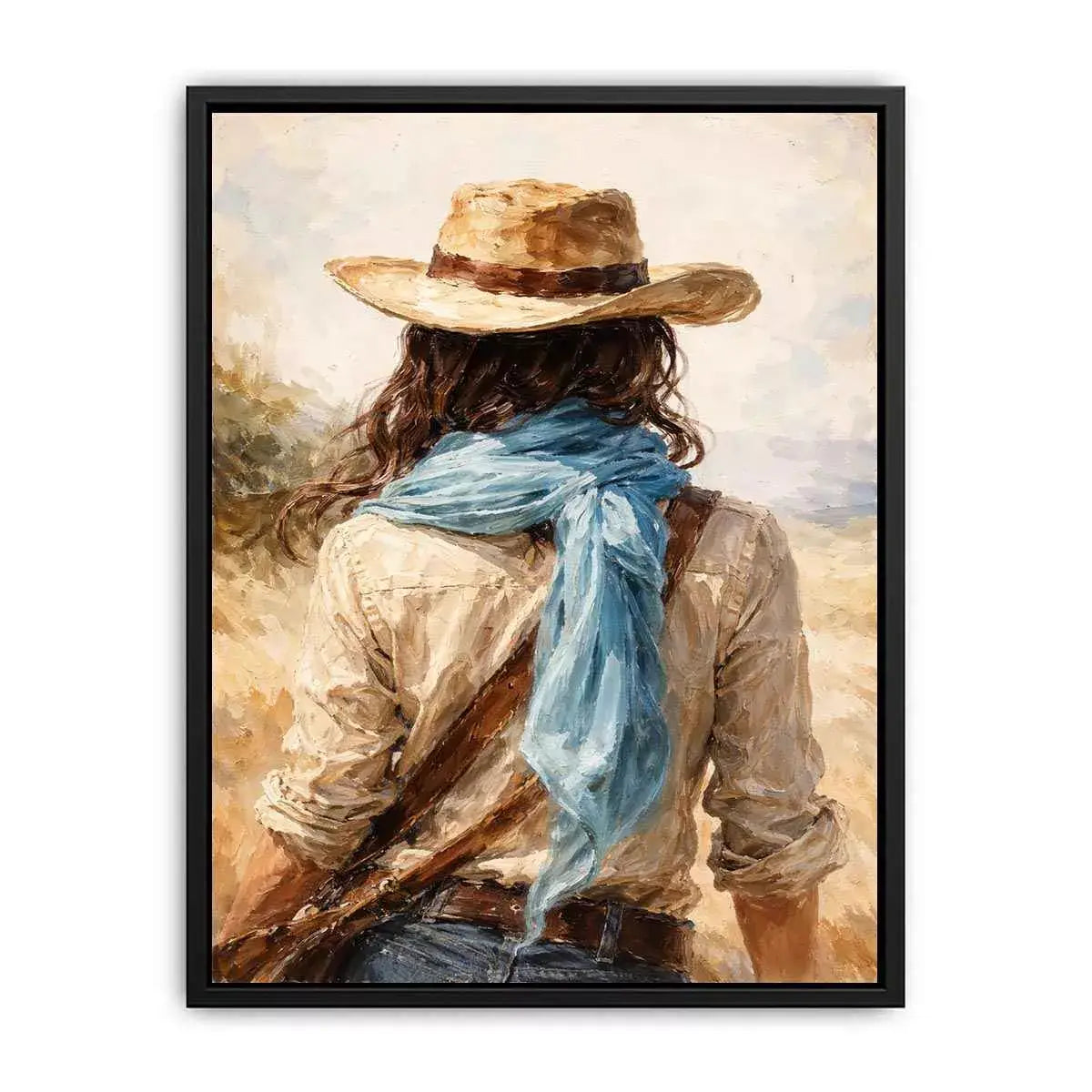 Western cowboy woman with hat rustic canvas wall art