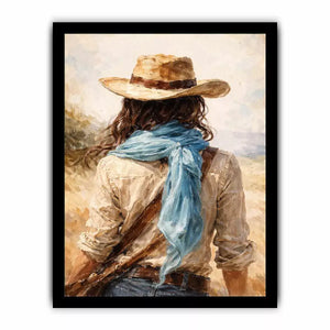 Western cowboy woman with hat rustic canvas wall art