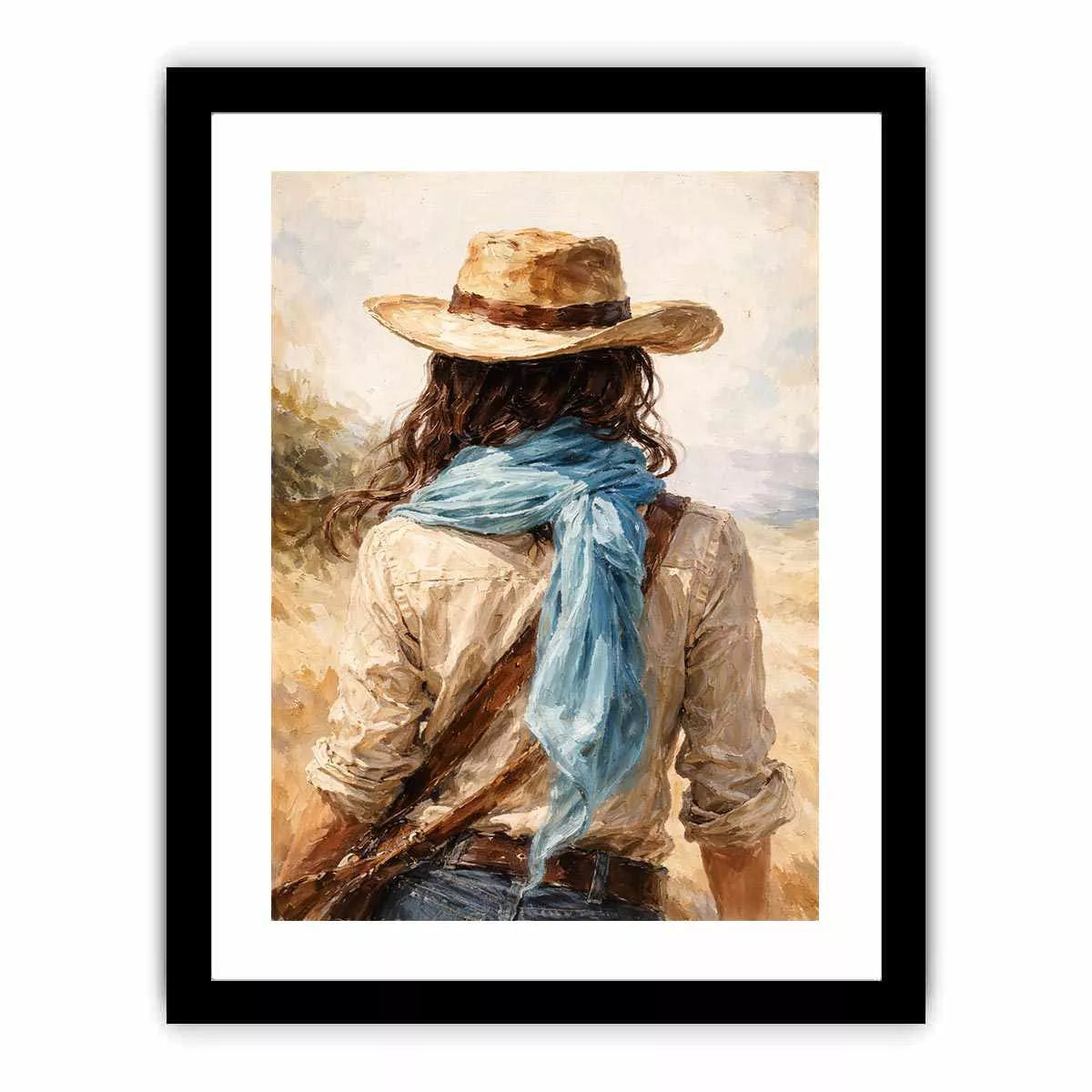 Western cowboy woman with hat rustic canvas wall art