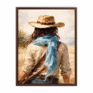 Western cowboy woman with hat rustic canvas wall art