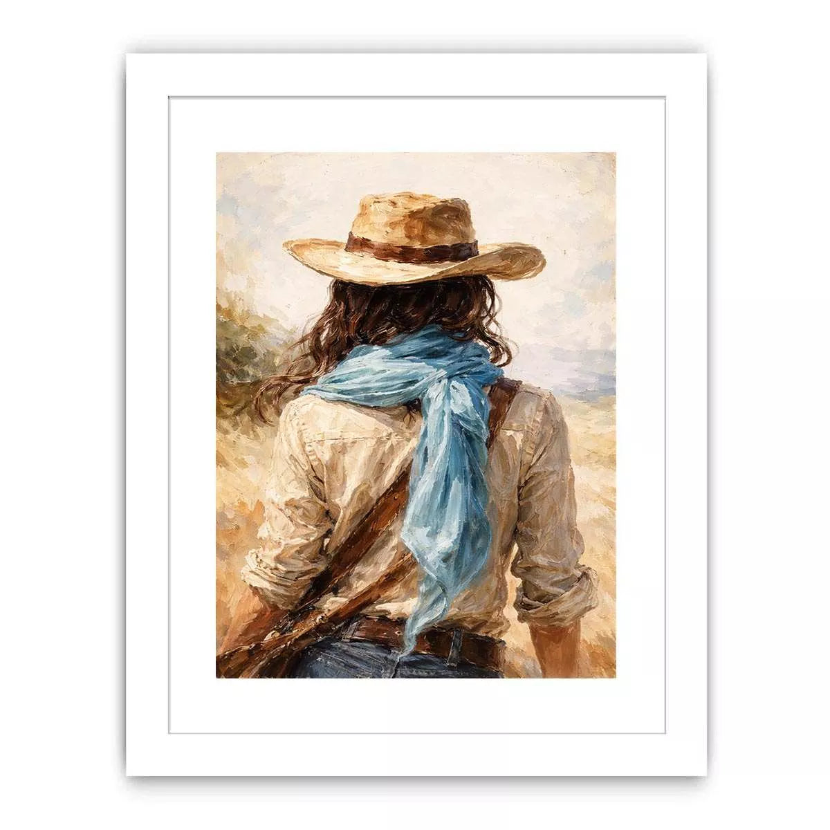 Western cowboy woman with hat rustic canvas wall art