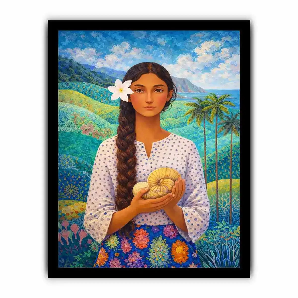 Tropical woman portrait with floral landscape canvas wall art
