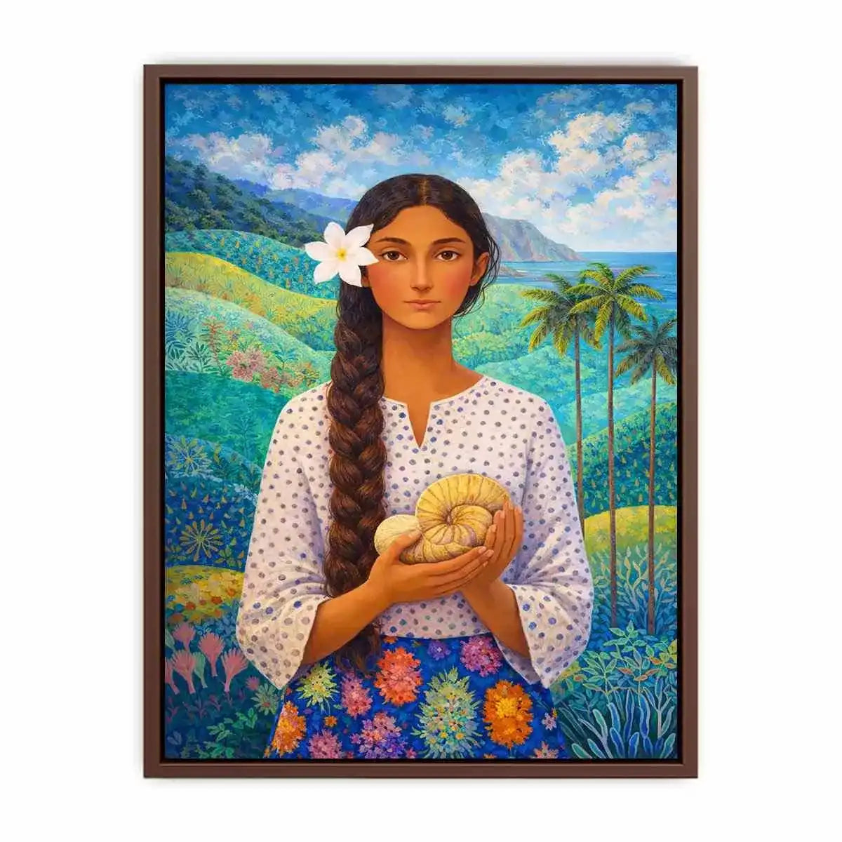Tropical woman portrait with floral landscape canvas wall art