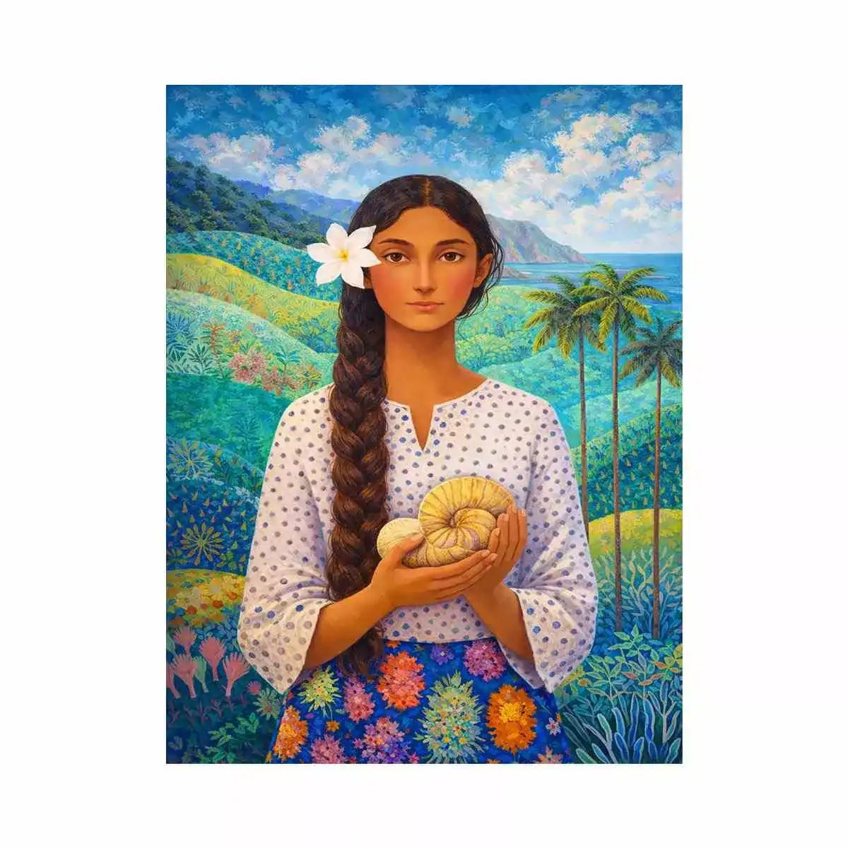 Tropical woman portrait with floral landscape canvas wall art