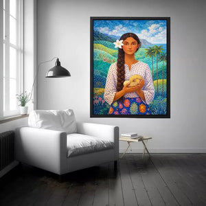 Tropical woman portrait with floral landscape canvas wall art