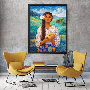 Tropical woman portrait with floral landscape canvas wall art