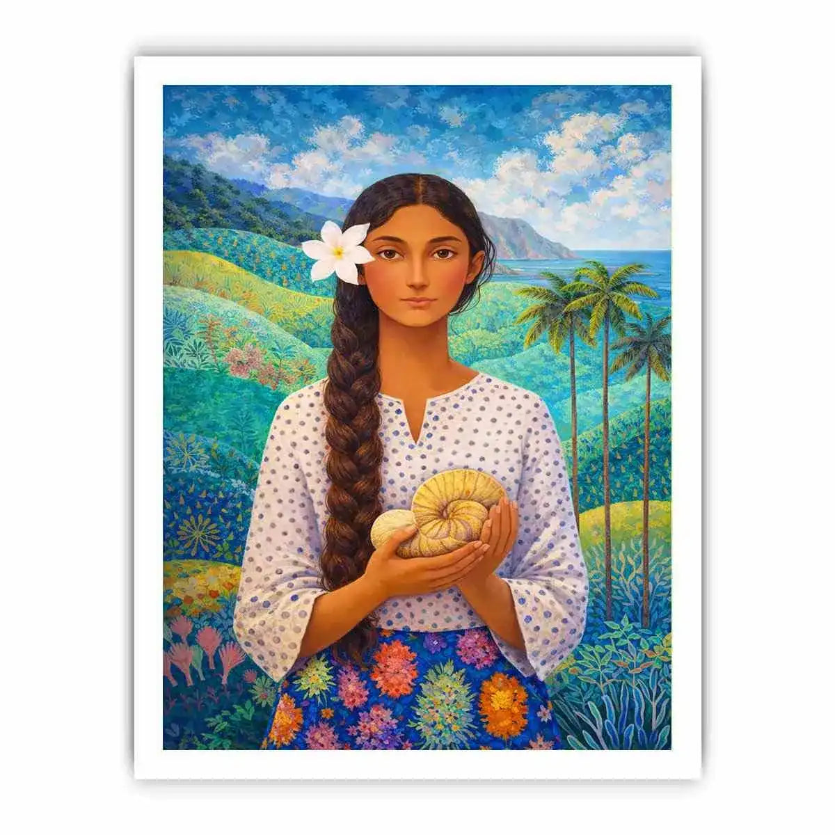 Tropical woman portrait with floral landscape canvas wall art